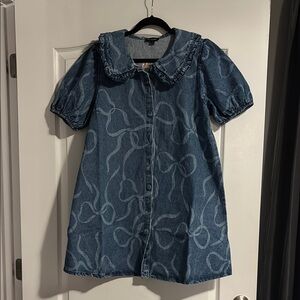 Blue Denim Dress with Bow Pattern